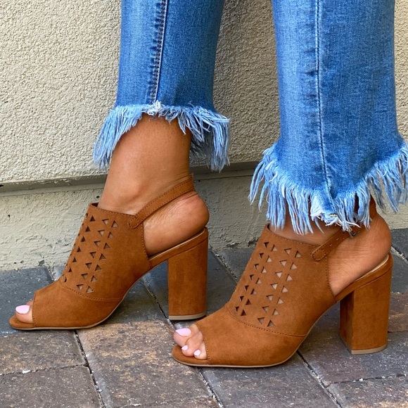 Nordstrom Shoes - Cognac Lasercut Block Heel Peep Toe Sandals